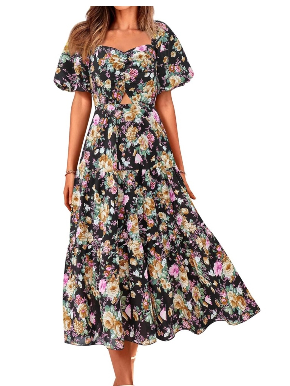 🌸BTFBM Floral Midi Dress Sweetheart Neck Puff Sleeve Cottagecore Size XL